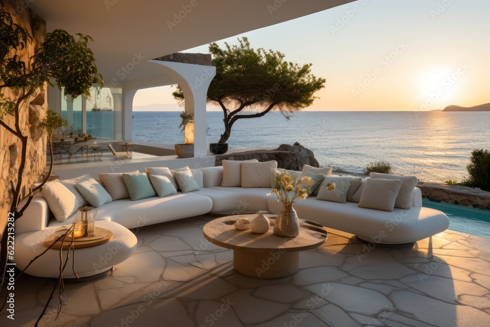 Interior Design of a Luxurious Greek Island Villa. Close-Up of chairs and sofa on a terrace with a Stunning Sea Sunset View