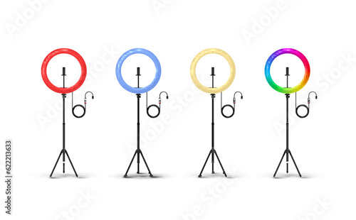 Colored ring lamps on tripod tools for selfie photo and video blogger equipment set realistic vector