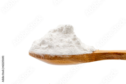 Wheat starch on wooden spoon. Pile of Wheat starch isolated on white background. close up