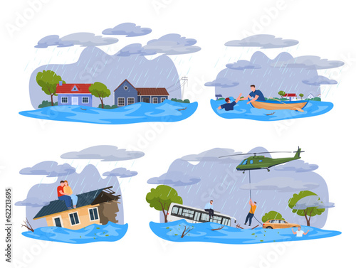 Flooding area rescuers helping to move people out disaster damage set vector flat illustration