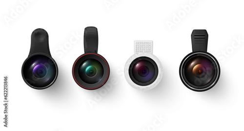 Mobile phone camera clip lens objective mini glass for photo video optical zoom set realistic vector