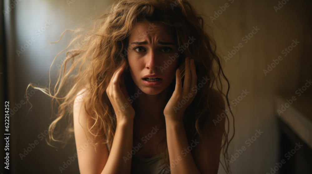 A sad woman hugging herself, feeling overwhelmed and lost in her emotions. AI generated A sad woman hugging herself, feeling overwhelmed and lost in her emotions. AI generated