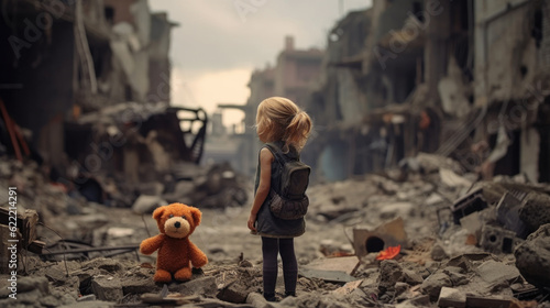 A child with a toy, staring at the wreckage of a city destroyed by war, serving as a poignant reminder of the impact of conflict on innocent lives. AI generated