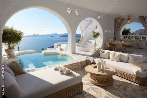 Luxurious Poolside Living in Oia, Santorini with a Breathtaking Sunset Sea View Seen through Traditional Wooden Doors © aboutmomentsimages