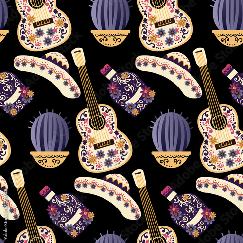 Day of the Dead seamless background. Guitar, skull and cactus. Vector illustration. Good for textile, fabric, wrapping paper