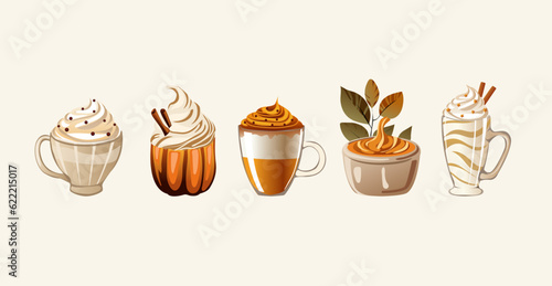 A set of autumn drinks and desserts. Can be used for advertising autumn-themed cafes or restaurants, Creating promotional materials for seasonal menus. Vector illustration.