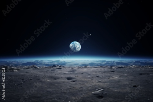 Generative AI, Earth from moon, on the surface of the moon, moon landscape, moonshine, earth on background