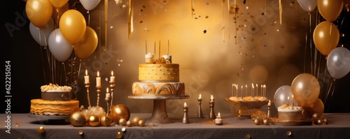 Elements for birthday party and cake, gold colors, celebration panorama. Generative Ai.
