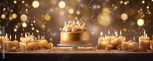 Elements for birthday party and cake, gold colors, celebration panorama. Generative Ai.
