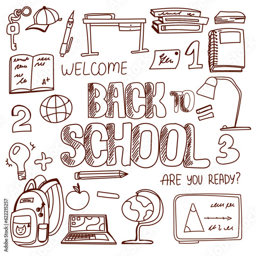 Back to school. Doodle set. For School websites or blogs, Educational materials, textbooks, Classroom decorations, Digital or printable worksheets, Student agendas or planners. Vector.