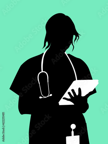 Female Doctor Silhouette with Stethoscope and Tablet