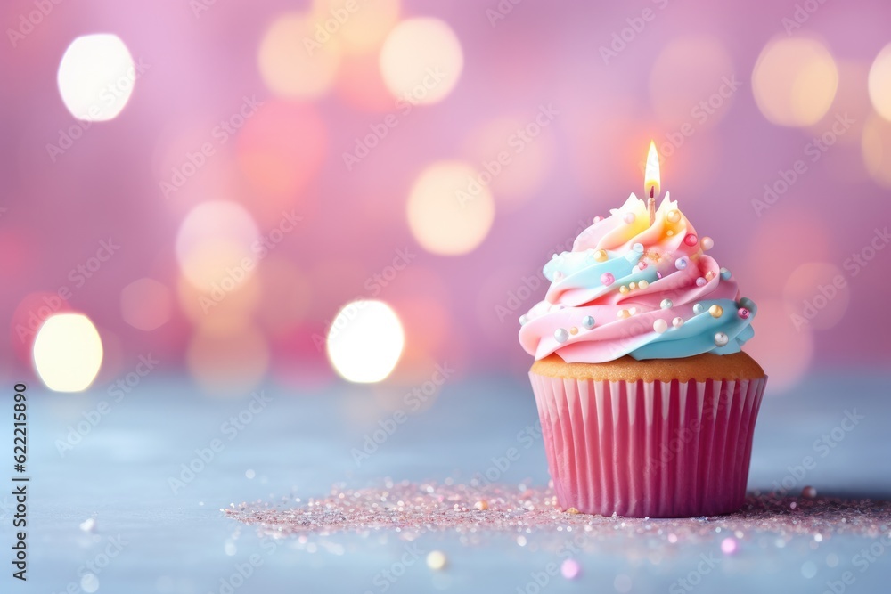 One birthday cupcake on pastel background for celebration. Generative Ai. One birthday cupcake on pastel background for celebration. Generative Ai.