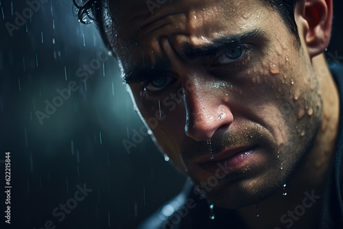 Men with sad facial expression standing in the rain