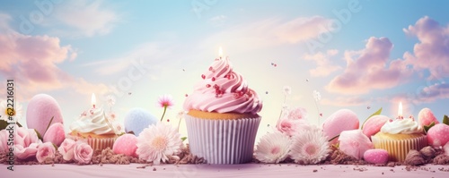 Birthday cupcake on pastel background for celebration, panorama. Generative Ai.