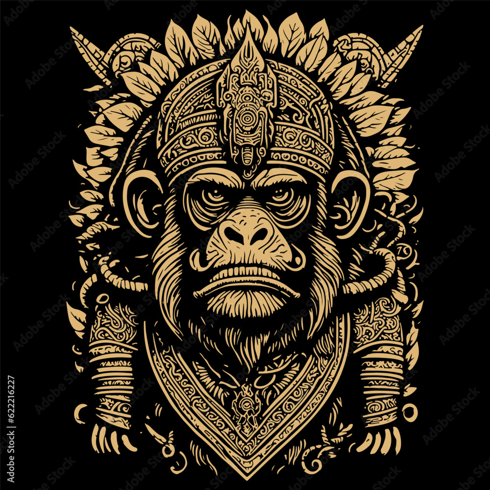 Brown silhouette of monkey in ancient Aztec style isolated on black background. Print for t-shirt. Clipart.