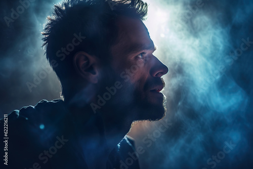 Man looking up with angry expression at the sky in a smoked room willing to escape