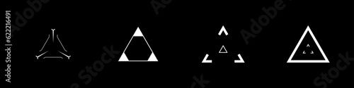 Cyberpunk style triangle aim set. Cyber targets, aims, sights, and crosshairs. A pack of GUI futuristic triangle targets. A vector collection of cyberpunk style design elements.