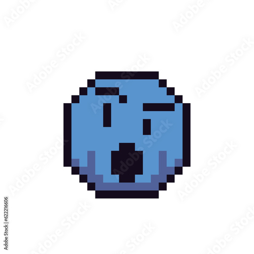Angry smile with surprised face and one eyebrow raised pixel art icon. Show the language of emotion. Flat style. 8-bit style. Isolated abstract vector illustration.