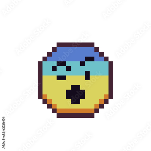 Rainbow emoticon with surprised face and one eyebrow raised pixel art icon. Cartoon character. Show the language of emotion. Flat style. 8-bit style. Isolated abstract vector illustration.