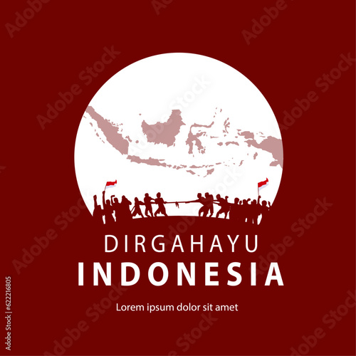 independence day indonesia with a silhouette illustration of a tug of war competition in a circle