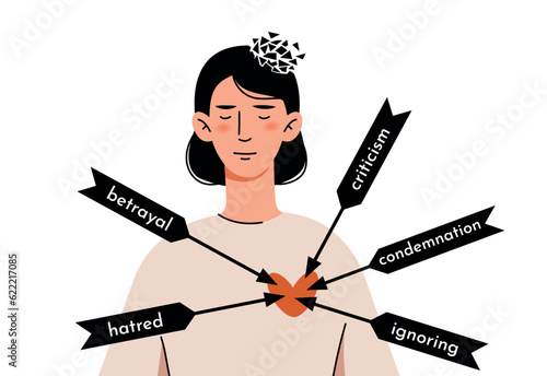 Arrows fly into the heart of a sad girl. Mental health of a person. Destruction of the face, hypersensitivity, resentment, condemnation.