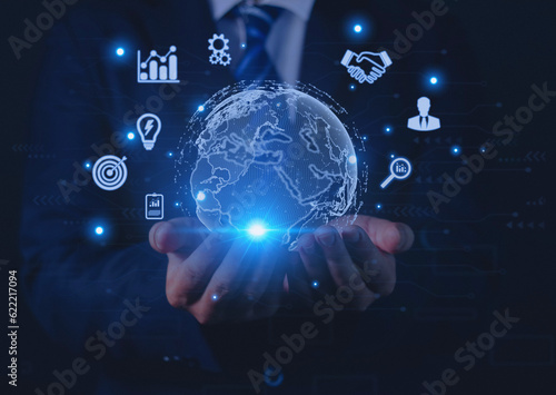 business people use global internet connection application technology for business and digital marketing global big data digital linkage technology 