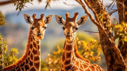 Curiosity of baby giraffes as they eagerly explore their surroundings. With their long necks and inquisitive gazes, these majestic creatures venture into the world. Generated by AI.