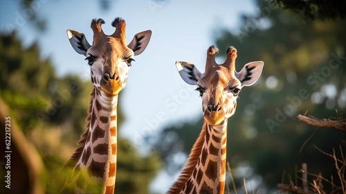Curious baby giraffes as they curiously explore their surroundings. With their graceful movements and gentle nature. Generated by AI.