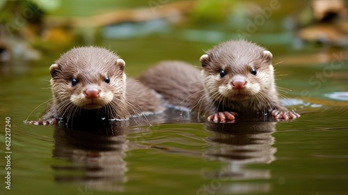 Curious baby otters as they gracefully swim and play in the water. With their agile movements and mischievous behavior. Generated by AI.