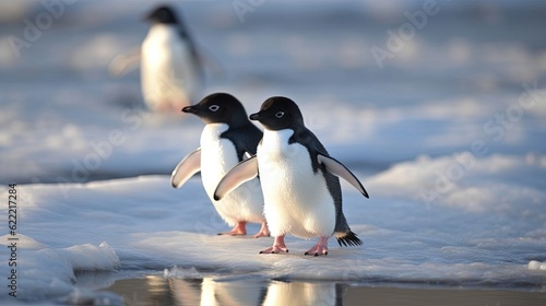 Cute little penguins as they waddle gracefully on the glistening ice, their chubby bodies and flapping wings filling the air with joy. Generated by AI.