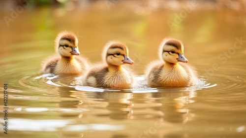 Fluffy baby ducks as they paddle gracefully in the water. These tiny and cute creatures showcase their natural instincts, navigating the pond with ease and playfulness. Generated by AI. © Кирилл Макаров