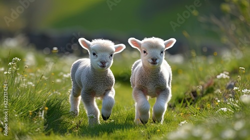 Fluffy white baby lambs frolicking and playing in a picturesque field. These adorable little creatures showcase their joyful energy as they leap, hop, and run. Generated by AI. photo
