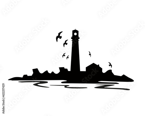 Silhouette de phare sur un rocher en mer et mouettes en vol