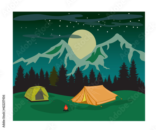 Paysage nocturne avec tentes de camping montées, avec feu de camp, montagne, lune, sapin et étoiles en arrière-plan.