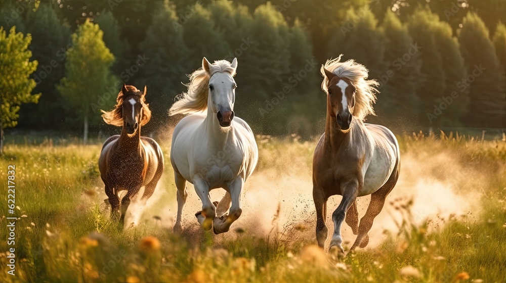 Majestic sight of horses galloping freely in a sprawling field. Their