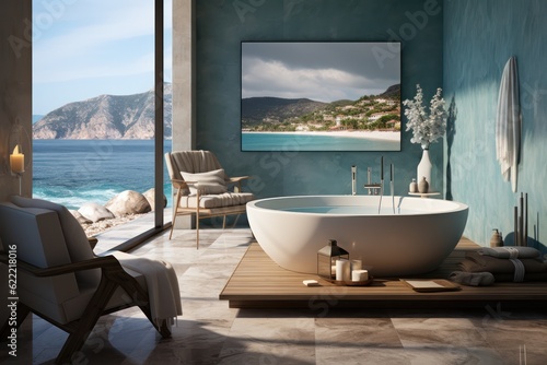 High-End Bathroom Design in a Mediterranean Villa Showcasing Contemporary Decor, Chic Accessories, and a Stunning Sea View. © aboutmomentsimages