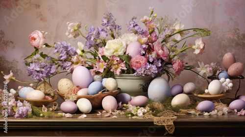 Springtime Blooms and Easter Eggs. A blooming garden filled with colorful flowers and Easter eggs nestled among the petals portrays the beauty and renewal of spring.