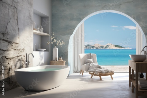 Elegant and Spacious Bathroom in a Greek Island Villa with Luxury Design  a freestanding bathtub