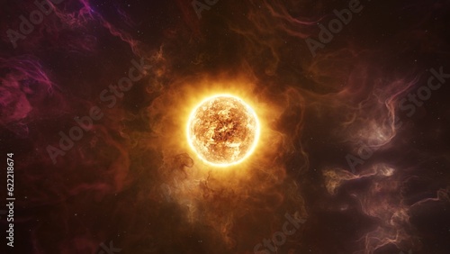 Early protostar with nebula clouds erupting of the Sun's surface. Star of our solar system concept 3D illustration. Flares and coronal mass ejections unleash a torrent of searing hot gases into space. © remotevfx