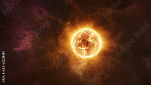 Early protostar with nebula clouds erupting of the Sun's surface. Star of our solar system concept 3D illustration. Flares and coronal mass ejections unleash a torrent of searing hot gases into space.