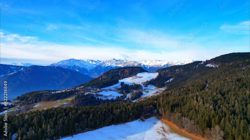 Hafling - South Tyrol - Italy - Flight with the drone over the snowy landscape of the beautiful mountains