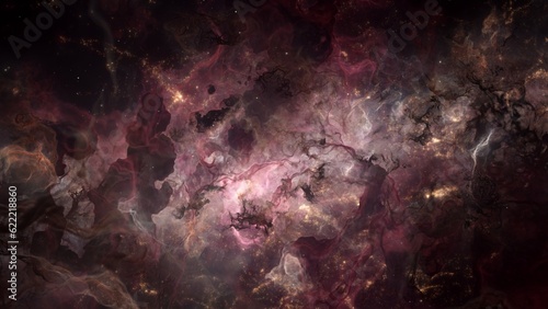 Mystical hostile galaxy star cluster in alien deep space. Science fiction concept illustration of infinite interstellar gas nebula and cosmic celestial bodies glowing in eternity. Cosmic awe wide shot