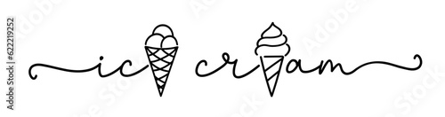 Ice cream logo with icons in the name. Typography, black letters isolated on white background. Vector type illustration. Ice cream, labels, stickers and badges. Hand drawn ice cream text and doodle.