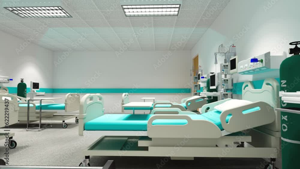 3D rendering of modern clinic hospital health care room. Scene moving along the colored beds with accompanying equipment, medical clinic room 3d visualization concept. 3D rendering of modern clinic hospital health care room. Scene moving along the colored beds with accompanying equipment, medical clinic room 3d visualization concept.