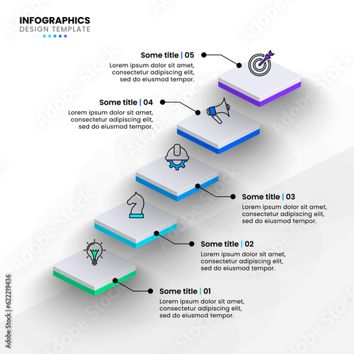 Infographic template. 5 isometric stairs with icons