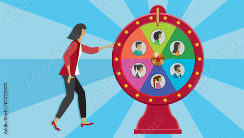 Lucky draw winner, wheel of fortune with different candidates for chance to win or get new job. Dimension 16:9. Vector illustration.