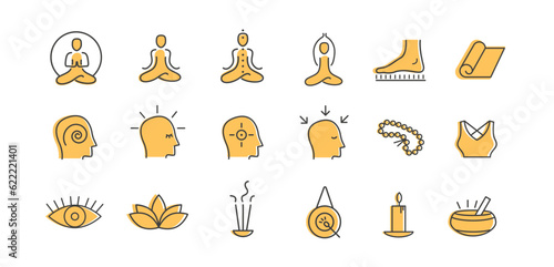 Yoga vector set. Outline colored icon collection for yoga studio, buddhist retreat, spiritual practice or Vipassana meditation. Sadhu board. Head with different mental state.