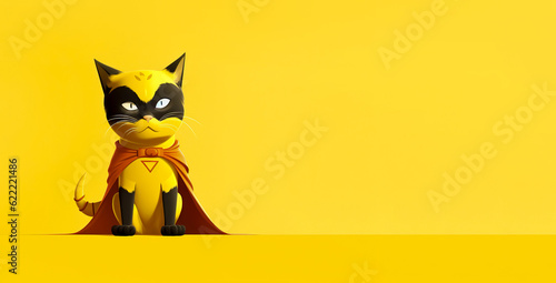 Superhero cat on a yellow background. AI generation 