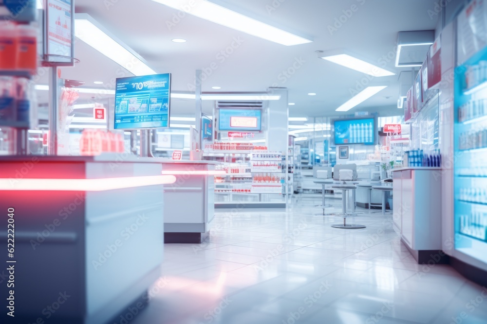  Blurred Interior Of Drugstore, Generative AI.