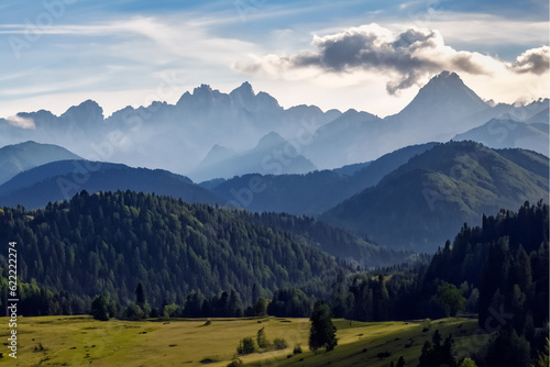 Berglandschaft bei Sonnenaufgang, Mountains, Ki, Panorama Bild Berge, alpen, rocky Mountains